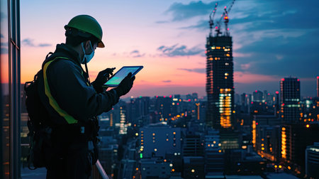 A construction worker in a hard hat uses a tablet to monitor progress during sunset in an urban environment, showcasing modern technology in industry.の素材