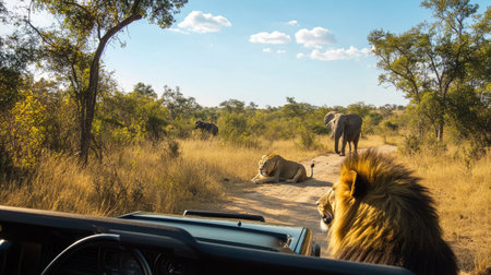 Majestic lions and elephants share a sunlit path in the African wilderness, embodying the essence of wildlife exploration and natural beauty. Perfect for nature enthusiasts.の素材