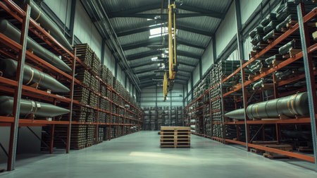 An expansive industrial warehouse featuring organized shelves stocked with large equipment and materials. The interior showcases a clean and spacious environment ideal for logistics and distribution operations.の素材