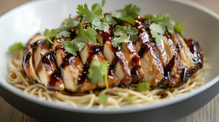 A flavorful dish featuring grilled chicken on a bed of noodles, garnished with fresh herbs. Ideal for showcasing gourmet dining or meal inspiration.の素材