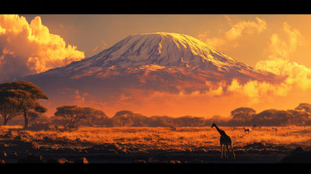 A stunning view featuring a giraffe in a vibrant landscape with a majestic mountain backdrop. The warm sunset colors enhance the serene atmosphere, showcasing nature's beauty.の素材