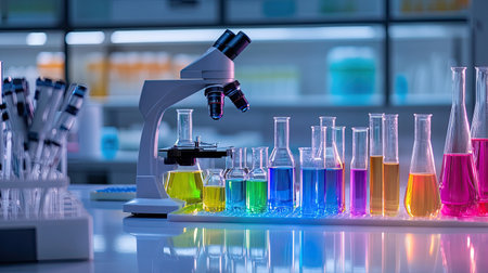 Explore the vibrant setup of a laboratory featuring colorful liquids in glassware alongside a microscope, highlighting the essence of scientific research and experimentation.の素材