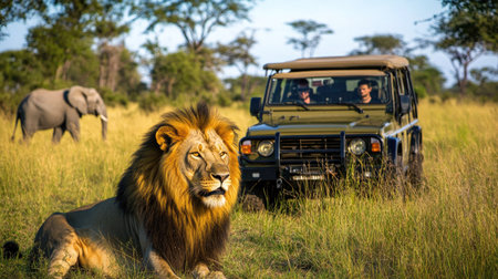 A majestic lion lies peacefully on the grass while a safari vehicle observes nearby. An elephant wanders in the background, showcasing the beauty of the African wilderness and wildlife adventure.の素材