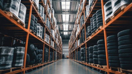 A modern tire storage warehouse featuring organized shelving and clean aisle space. The image captures an efficient layout ideal for logistics and inventory management.の素材
