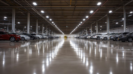 A sweeping view of an expansive parking garage filled with neatly arranged cars. Bright lights illuminate the polished floor, creating reflections that enhance the space's modern atmosphere.の素材