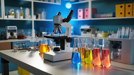 A vibrant laboratory scene featuring a microscope and colorful glassware filled with solutions. The workspace showcases the tools for scientific exploration and research.の素材