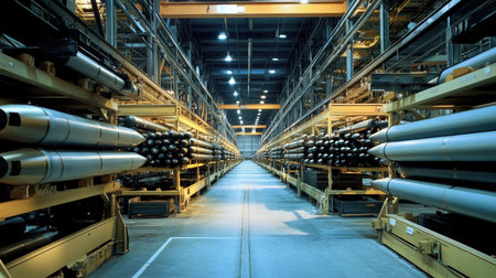 This image showcases a vast industrial warehouse featuring neatly arranged rows of pipes and robust steel structures, illustrating the manufacturing process and storage capabilities.の素材