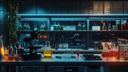 A modern laboratory workspace featuring various glassware and equipment, illuminated by vibrant fluorescent lights, perfect for scientific research and experimentation.の素材