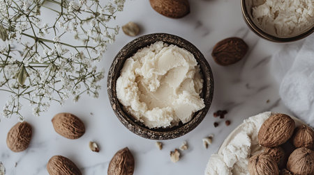 An aesthetically pleasing arrangement featuring smooth almond butter and shea butter in bowls surrounded by almonds and white flowers, perfect for beauty and health-themed projects.の素材