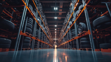 A spacious tire warehouse featuring well-organized shelves filled with tires. The image captures the industrial setting, showcasing modern storage solutions and lighting.の素材