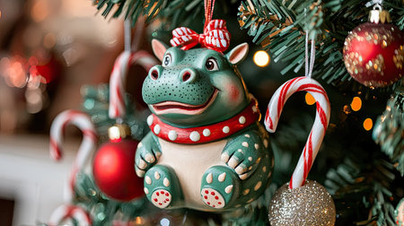 Adorable hippo ornament with vibrant colors and festive design hangs cheerfully from a Christmas tree branch, adding a playful touch to holiday decor.の素材