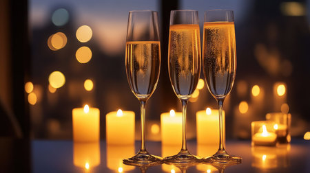 Three elegant champagne glasses filled with sparkling bubbles glow softly in candlelight, creating a warm and festive atmosphere perfect for celebrations.の素材