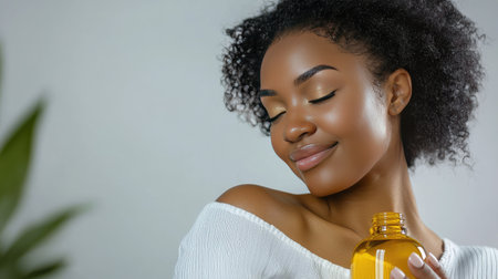 A portrait of a woman with curly hair, smiling gently while holding a yellow bottle. The soft natural light enhances her radiant skin, conveying a sense of happiness and wellness.の素材