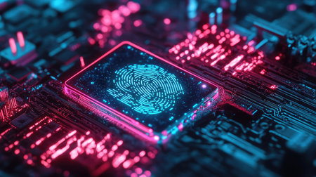 This vibrant image showcases a microchip featuring a neon fingerprint pattern, symbolizing security and innovation in technology. The lively colors and details create an eye-catching digital aesthetic.の素材