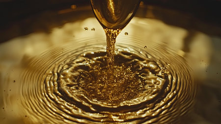 Discover the captivating beauty of golden liquid splashing into a serene water surface, creating mesmerizing ripples and reflections in this stunning close-up.の素材