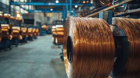 Close-up view of copper wire spools in an industrial factory, showcasing the manufacturing process. The setting emphasizes modern technology and craftsmanship in metal production.の素材