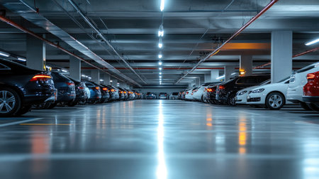This image showcases a modern underground parking garage filled with cars. Bright lights illuminate the spacious area, highlighting the architectural design and organized layout.の素材