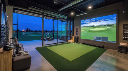 Experience a state-of-the-art indoor golf simulator with a stunning dusk view. Perfect for practice, relaxation, and entertainment in a modern space.の素材