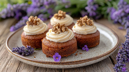 Indulge in these beautifully decorated mini cakes topped with creamy frosting, walnuts, and vibrant lavender. Perfect for gatherings or tea time.の素材