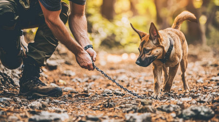 A person kneels in a forest, controlling a dog on a leash. The scene embodies a connection between humans and pets in a natural setting, showcasing outdoor fun.の素材