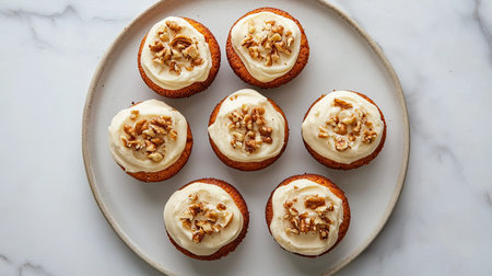 Delight in these mini cakes topped with creamy frosting and crunchy walnuts, perfect for gatherings, celebrations, or a cozy afternoon treat.の素材