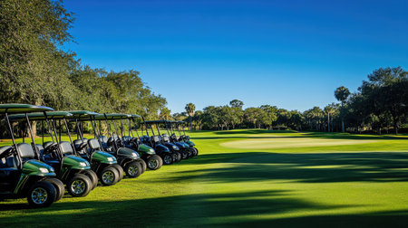A picturesque view of a row of golf carts lined up on an expansive green golf course, set against a bright blue sky, perfect for outdoor recreation and leisure activities.の素材