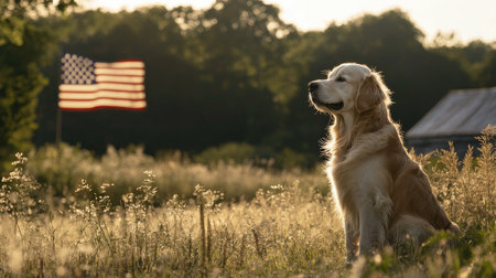 A golden retriever sits proudly in a sunlit field, with the American flag waving softly in the background, embodying a sense of peace and loyalty.の素材