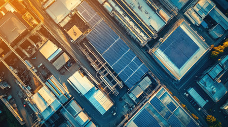 Explore this aerial view of an urban industrial sector showcasing various rooftops, solar panels, and modern infrastructure reflecting innovation in energy efficiency.の素材