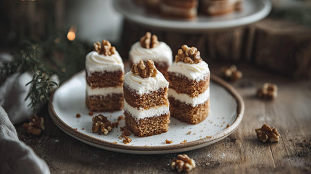 These delightful mini walnut cakes feature creamy frosting and are topped with crunchy walnuts. Perfect for festive celebrations or cozy gatherings.の素材