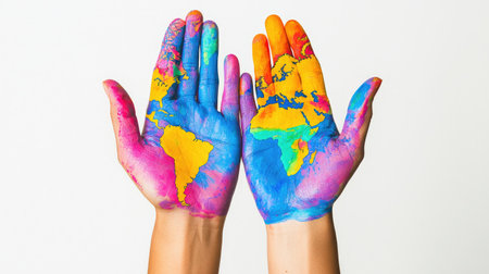 Two hands are painted in vibrant colors depicting a world map, symbolizing unity and cultural diversity. A creative representation of global themes.の素材
