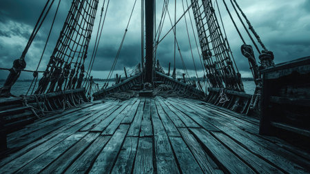 A captivating view from the bow of a historic sailing ship. The wooden deck contrasts with the dramatic stormy skies above and the turbulent ocean ahead.の素材