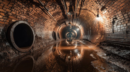 An atmospheric view of an underground sewage tunnel featuring brick walls, dim lighting, and water reflection on the floor, evoking a sense of decay and exploration.の素材