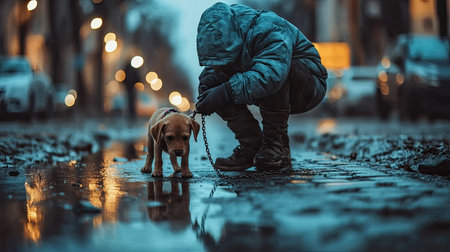 A young child kneels on a rainy urban street, holding a puppy on a leash. The scene captures a moment of tenderness and connection between the two as reflections shimmer in puddles.の素材