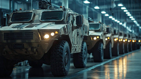 A line of military vehicles undergoes assembly in a modern manufacturing facility, showcasing advanced technology and industrial design in defense production.の素材