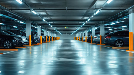 Spacious and modern empty parking garage featuring well-maintained vehicles and bright overhead lighting, designed for urban convenience and safety.の素材