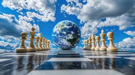 A surreal chess scene featuring a globe in the background and dramatic clouds. The image symbolizes strategy, competition, and the vastness of the universe.の素材