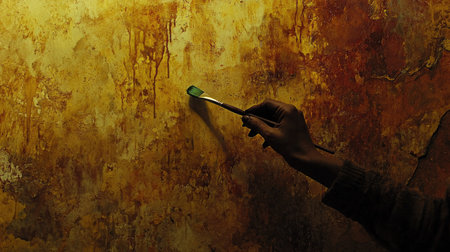 A close-up view of a hand holding a brush on a textured wall, showcasing warm and earthy tones. This image captures the essence of artistic creativity and manual craftsmanship.の素材