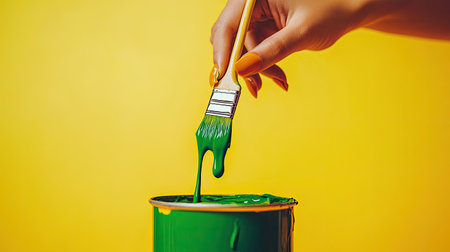 A hand elegantly holds a brush dipped in vibrant green paint over a can. The bright yellow background creates a striking contrast, highlighting creativity and artistry in home design projects.の素材