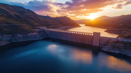 Captivating aerial view of a dam at sunset, surrounded by mountains and clear water. The vibrant colors and serene atmosphere create a picturesque landscape.の素材