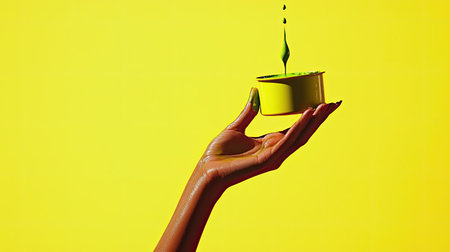 A striking image of a hand holding a yellow container with vibrant green paint dripping. The bold colors create a dynamic and artistic atmosphere.の素材