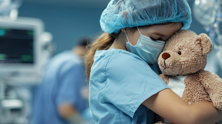 A caring child finds comfort in a teddy bear while preparing for surgery in a hospital. The emotional moment highlights the importance of support and love in healthcare settings.の素材