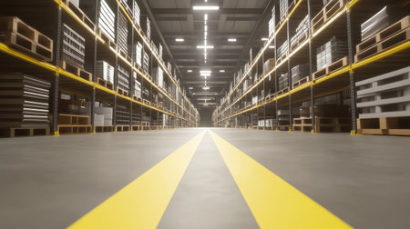 This image depicts a spacious aisle within a modern warehouse, showcasing organized shelves and clear floor markings. The industrial space highlights efficiency in storage and logistics.の素材