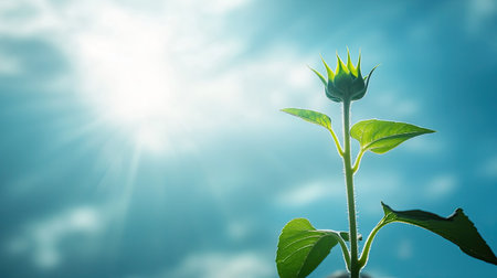A vibrant green plant bud reaching upwards against a bright blue sky, illuminated by gentle sunlight. This image captures the essence of nature's beauty and growth.の素材