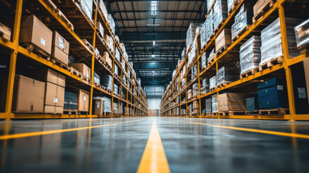 Captivating view of a well-organized warehouse, showcasing shelves filled with boxes and pallets. The expansive floor creates an ideal environment for efficient logistics operations.の素材