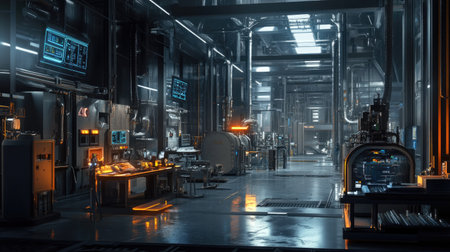 A cutting-edge industrial laboratory scene featuring advanced machinery and technology. The modern design and equipment create an innovative workspace filled with potential.の素材