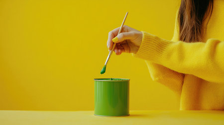 A vibrant image featuring a hand holding a paintbrush above a green paint can set against a bright yellow background, capturing the essence of creativity and art.の素材