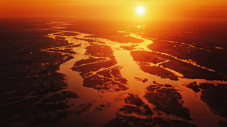 Stunning aerial view of a river landscape at sunset, showcasing warm hues of orange and gold reflecting on the water, creating a peaceful and serene atmosphere.の素材