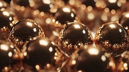 A captivating close-up of shiny metallic spheres displaying intricate reflections against a soft bokeh background, perfect for artistic and decorative themes.の素材