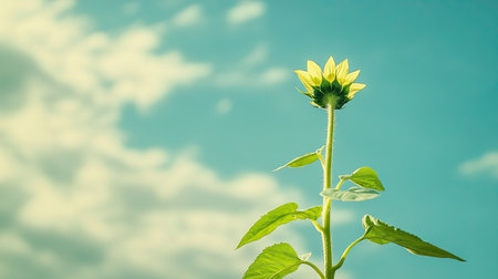 A young sunflower poised to bloom reaches toward a soft blue sky. This stunning image captures the essence of growth and natureの素材