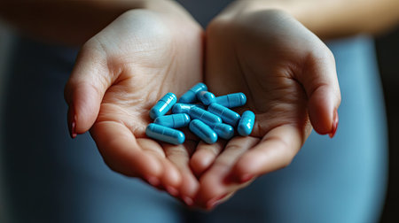 A pair of hands gently holding blue capsules represents the theme of health and wellness. These capsules can symbolize medication, supplements, or vitamins pivotal for a healthy lifestyle.の素材